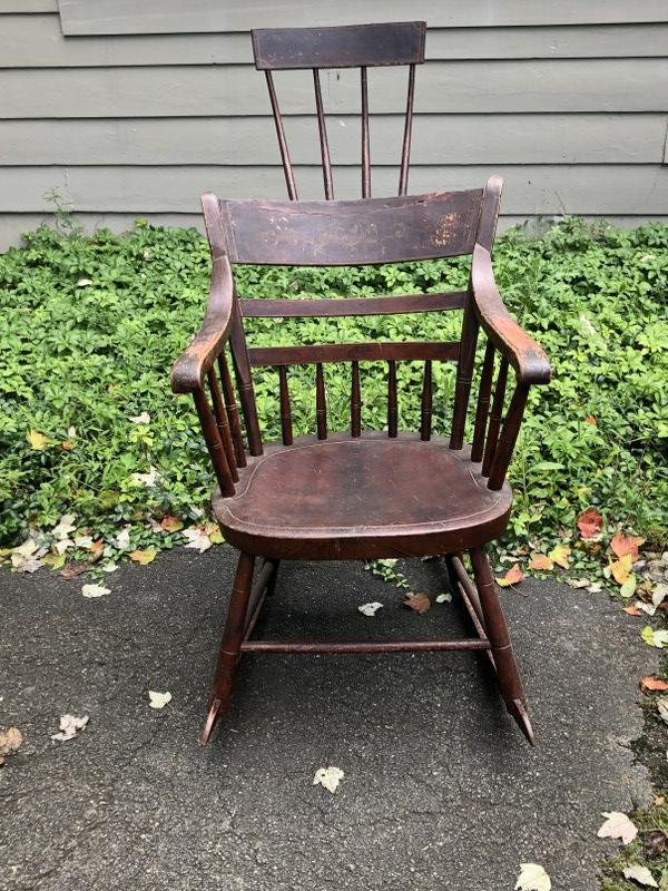 CIRCA 1840: CIRCA 1840'S COUNTRY ROCKING CHAIR, CRUSTY RED PAINT, SIGNS OF GOLD DECORATIVE STENCILING, FROM HUDSON VALLEY ESTATE.