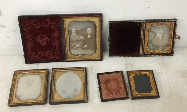 ESTATE LOT 3 DAGUERREOTYPES (INCLUDING DOUBLE ) AND: ESTATE LOT 3 DAGUERREOTYPES (INCLUDING DOUBLE ) AND BLANK AMBROTYPE CASE (SEPARATED), ONE LARGER DAG OF COUPLE. FROM LOCAL ESTATE.