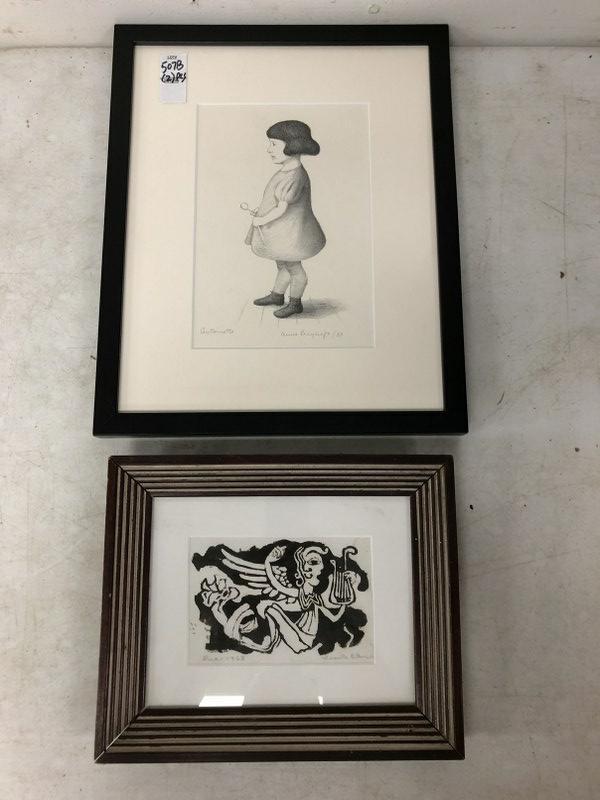 (2) PCS. FROM WOODSTOCK, N.Y. ESTATE INCLUDES LUCILE: (2) PCS. FROM WOODSTOCK, N.Y. ESTATE INCLUDES LUCILE BLANCH WOODCUT WITH ANGEL AND HARP 1963 (4" X 6" & ANNE LEAYCRAFT 1937 PRINT TITLED ANTOINETTE, NICELY FRAMED AND MATTED, MEASURES 10" X 7". BOTH I