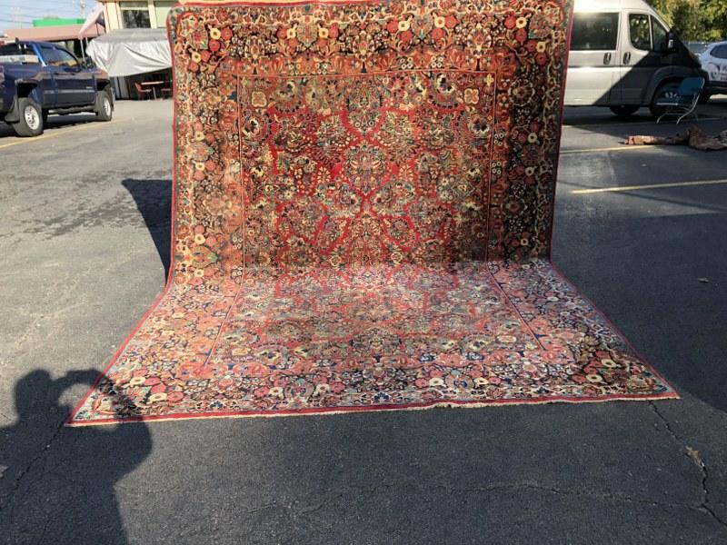HANDMADE OLDER ESTATE ORIENTAL RUG, FROM ULSTER COUNTY: HANDMADE OLDER ESTATE ORIENTAL RUG, FROM ULSTER COUNTY ESTATE, WE HAD IT CLEANED BY COMPANY IN BACK OF OUR BULDING, THE GREEN JANITOR, GOOD OVERALL CONDITION, MEASURES 143" X 105". MY GUESS IS 1930'S