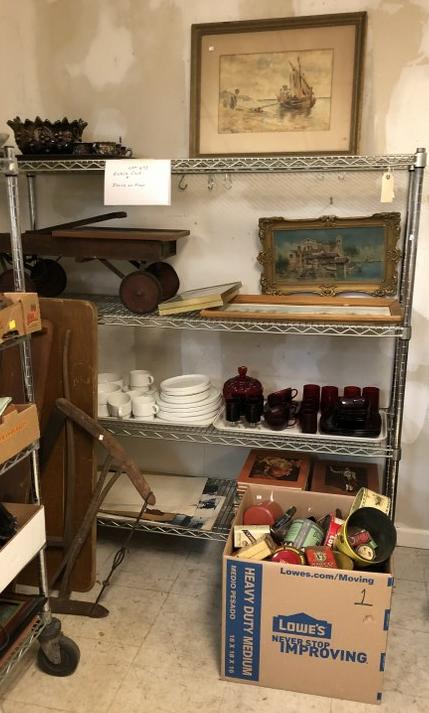 CART LOT FROM ALBANY ESTATE, ARTWORK, CARNIVAL GLASS,: CART LOT FROM ALBANY ESTATE, ARTWORK, CARNIVAL GLASS, BIG BOX ADVERTISING TINS, DISHES, WOOD ITEMS, ETC. GOOD LOT FOR DEALER TO SORT OUT.