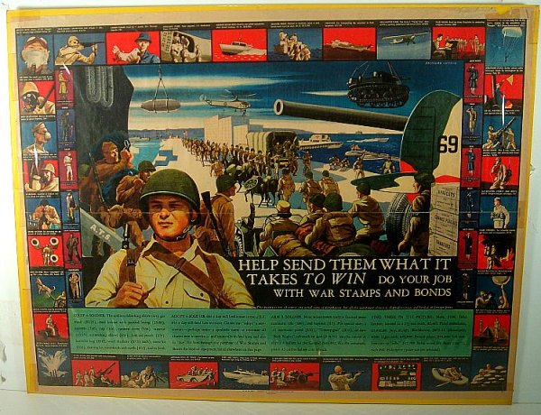 POSTER-WWII A SOLDIER SITUATIONAL POSTER SHOWING MANY D: POSTER-WWII A SOLDIER SITUATIONAL POSTER SHOWING MANY DIFFERENT ASPECTS OF BEING A SOLDIER, MEASURES 21 1/2" X 27 1/2", SOME TEARS ON BORDER AND OLD TAPE MARKS ON BORDER