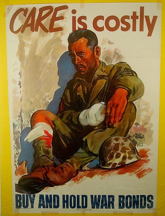 POSTER-WWII, BUY AND HOLD WAR BONDS, CARE IS COSTLY, TA: POSTER-WWII, BUY AND HOLD WAR BONDS, CARE IS COSTLY, TAPE MARKS AROUND BORDERS, VIVID COLORS, MEASURES 25 1/2" X 18 1/2", ARTIST IS ADOLPH TRENDLER
