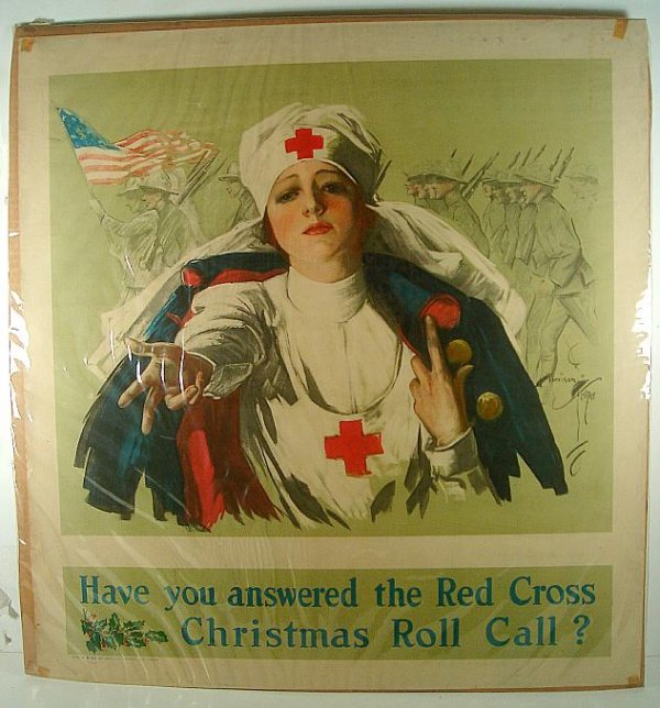 POSTER-WWI, RED CROSS, HARRISON FISHER, HAVE YOU ANSWER: POSTER-WWI, RED CROSS, HARRISON FISHER, HAVE YOU ANSWERED THE RED CROSS CHRISTMAS ROLL CALL, OLD TAPE MARKS IN CORNERS, MEASURES 30" X 28"