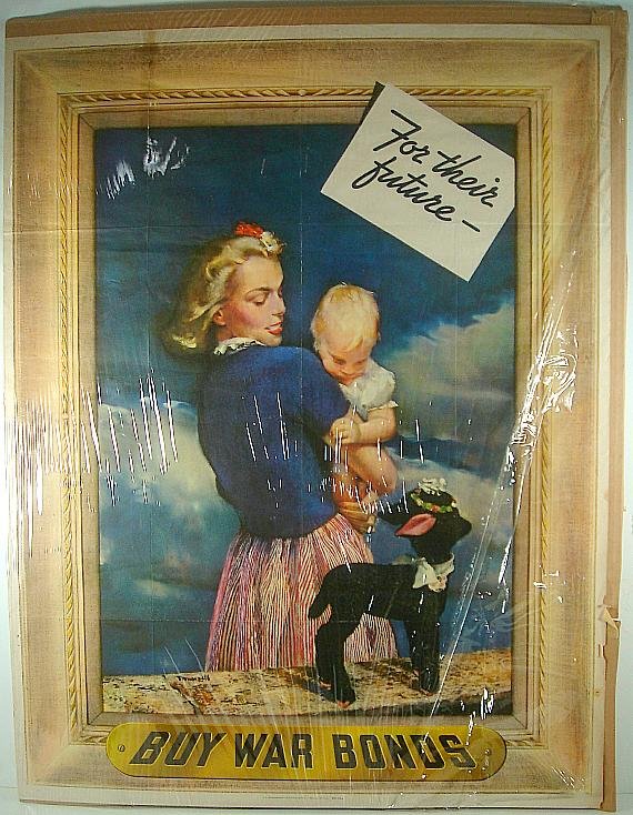 POSTER-WWII, BUY WAR BONDS FOR THEIR FUTURE, DATED 1943: POSTER-WWII, BUY WAR BONDS FOR THEIR FUTURE, DATED 1943, SMALL TEARS ON RIGHT BORDER, OLD TAPE MARK ON TOP LEFT CENTER OF BORDER, MEASURES 37" X 28"