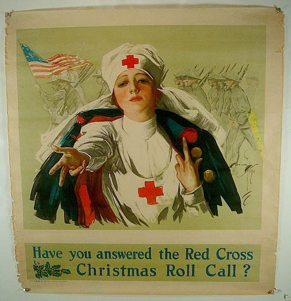 WW I POSTER HARRISON FISHER RED CROSS WITH NURSE IN FOR: WW I POSTER HARRISON FISHER RED CROSS WITH NURSE IN FOREGROUND. HAS SOME ROUGHAGE AND SMALL TEARS MOSTLY ON LEFT BORDER TOP TO BOTTOM. POSTER MEASURES 30" X 28".