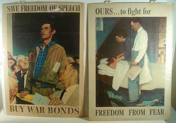 POSTER-NORMAN ROCKWELL WWII 4 PC SET, OVERALL GOOD COND: POSTER-NORMAN ROCKWELL WWII 4 PC SET, OVERALL GOOD CONDITION, DATED 1943, MEASURE 28" X 20"