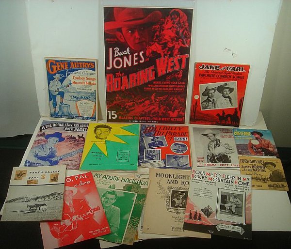 BUCK JONES 1935 PRESS BOOK & WESTERN EPHEMERA INCLUDING: BUCK JONES 1935 PRESS BOOK & WESTERN EPHEMERA INCLUDING ROY ROGERS RODEO PROGRAM, GENE AUTRY SONGBOOK, COWBOY SHEET MUSIC & RECORDS…