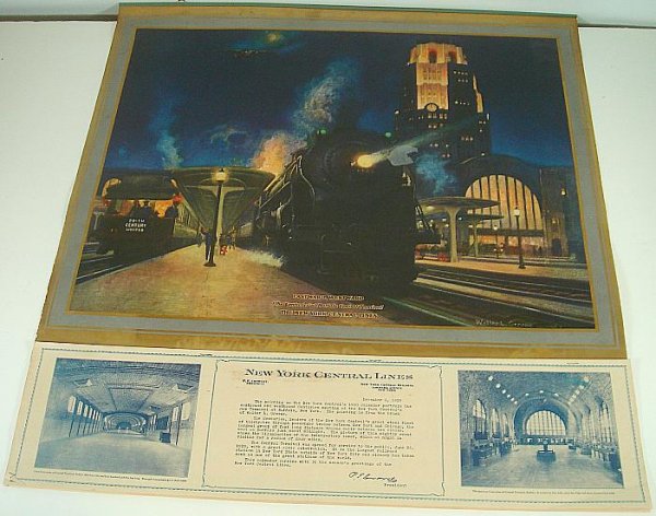 POSTER-1930 NEW YORK CENTRAL FULL CALENDAR, VERY GOOD C: POSTER-1930 NEW YORK CENTRAL FULL CALENDAR, VERY GOOD CONDITON, ARTIST IS WALTER L GREENE, WITH FULL PAD AND COVER LETTER, MEASURES 271/2" X 25"