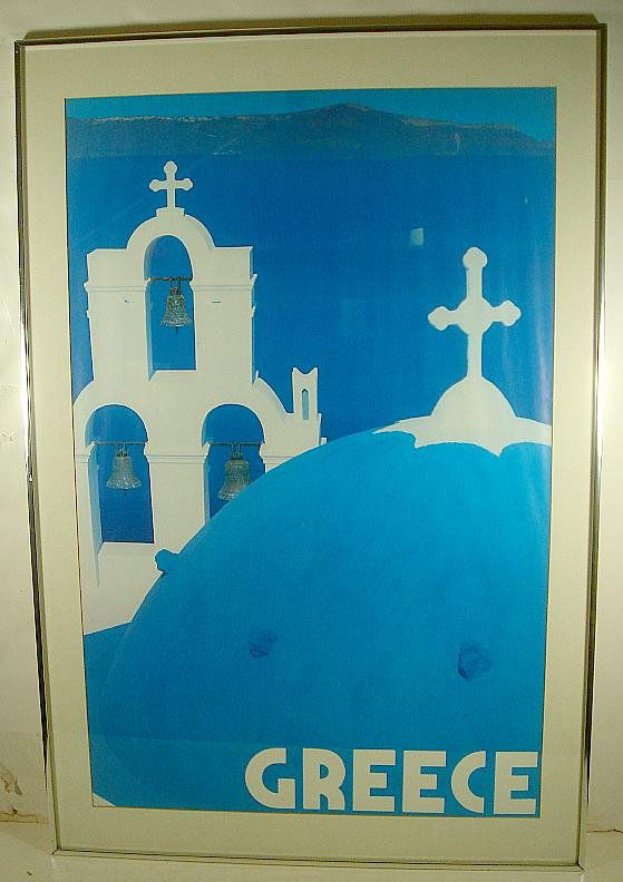 OLDER GREECE TRAVEL POSTER NICELY MATTED AND FRAMED. MY: OLDER GREECE TRAVEL POSTER NICELY MATTED AND FRAMED. MY GUESS IS IT IS FROM 1960'S, GIVE OR TAKE. POSTER MEASURES 39" X 25", NICE CLEAN CONDITION.