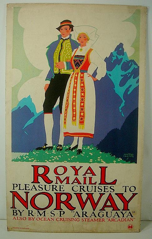 ROYAL MAIL PLEASURE CRUISES TO NORWAY POSTER MOUNTED ON: ROYAL MAIL PLEASURE CRUISES TO NORWAY POSTER MOUNTED ON CARDBOARD, GREAT GRAPHICS, MEASURES 22" X 14", SOME SMALL MINOR FOXING SPOTS.