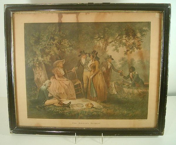 EARLY PRINT TITLED THE ANGLERS RETREAT PAINTED BY G. MO: EARLY PRINT TITLED THE ANGLERS RETREAT PAINTED BY G. MORLAND. ENGRAVED BY W. WARD. FOXING AND STAINS MOSTLY ON TOP PART OF PRINT. NICE EARLY FISHING RELATED PRINT.