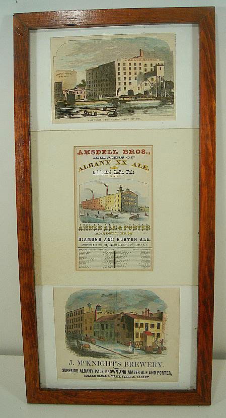 EARLY ALBANY NY BREWERY ADS & PRINT AMSDELL BROS., JOHN: EARLY ALBANY NY BREWERY ADS & PRINT AMSDELL BROS., JOHN TAYLOR & SONS, AND J. MCKNIGHTS BREWERY. FRAMED AND UNDER GLASS. THE FRAME MEASURES 26" X 13". NICE HUDSON VALLEY BREWERY ADVERTISING.