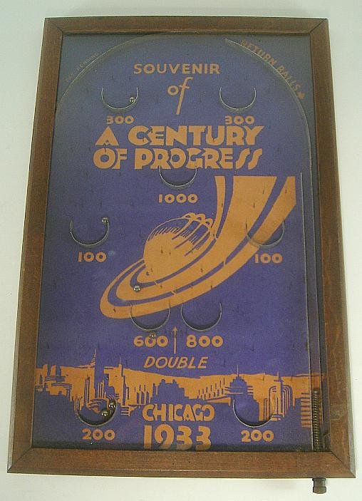 RARE 1933 CHICAGO WORLD'S FAIR BAGATELLE GAME, MEASURES: RARE 1933 CHICAGO WORLD'S FAIR BAGATELLE GAME, MEASURES 18" X 11 1/2", GOOD CONDITION, HARD TO FIND GAME
