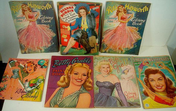 LOT OF 7 1940'S-50'S COLORING AND PAINT BOOKS, INCLUDIN: LOT OF 7 1940'S-50'S COLORING AND PAINT BOOKS, INCLUDING 2 RITA HAYWORTH, ROSEMARY CLOONEY,2 BETTY GRABLE, ESTHER WILLIAMS AND DEANNA DURBIN, OVERALL GOOD CONDITION, MOST HAVE BEEN COLORED IN