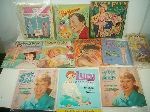 LOT OF 1940'S-60'S PAPER DOLLS, INCLUDING ALICE FAYE, V: LOT OF 1940'S-60'S PAPER DOLLS, INCLUDING ALICE FAYE, VIVIEN LEIGH, DORIS DAY, PAT BOONE, JANET LENNON, GILDA RADNER, ANNETTE, AND 1 LUCY AND 1 LUCY AND DESI, OVERALL GOOD CONDITION, SOME NEVER USED