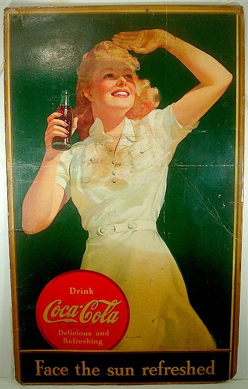 COCA COLA 1941 LARGE CARDBOARD SIGN, WOMAN IN WHITE DRE: COCA COLA 1941 LARGE CARDBOARD SIGN, WOMAN IN WHITE DRESS DRINKING BOTTLE OF COKE, HAS CREASES AND SCUFFS ALL OVER, MEASURES 49" X 29 1/2"