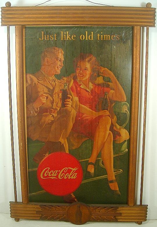 COCA COLA SIGN , WOOD FRAME, SOLDIER AND GIRL SITTING O: COCA COLA SIGN , WOOD FRAME, SOLDIER AND GIRL SITTING ON SOFA DRINKING COKE, ORIGINAL WOOD FRAME, SIGN MEASURES 27" X 16", IS IN ROUGH CONDITION WITH OLD STAINS, BUT INTACT