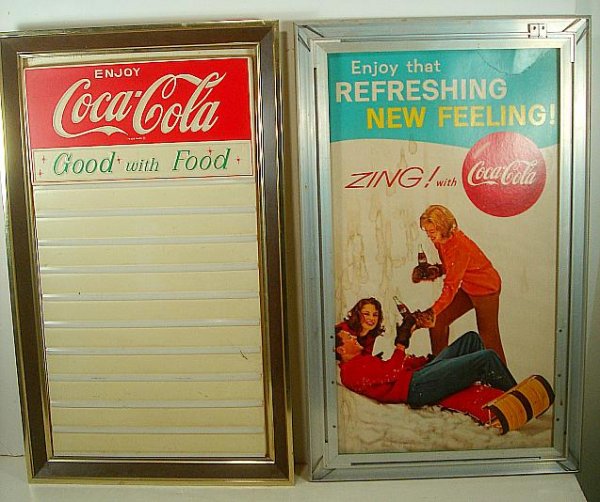 COCA COLA DOUBLE SIDED SIGN AND MENU BOARD, CIRCA 1960': COCA COLA DOUBLE SIDED SIGN AND MENU BOARD, CIRCA 1960'S, DOUBLE SIDED SIGN IS IN ALUMINUM FRAME, MEASURES 27" X 16", SANDWICH SIGN MEASURES 30" X 18 1/2"