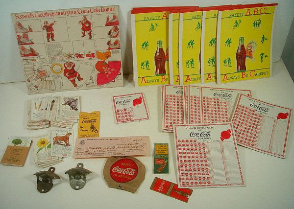 LARGE LOT OF EARLY COCA COLA ITEMS INCLUDING DELIVERY D: LARGE LOT OF EARLY COCA COLA ITEMS INCLUDING DELIVERY DRIVER'S UNIFORM PATCH, STORE PUNCHBOARDS, NOTEPADS, BOTTLE OPENERS, PREMIUM CARDS, ETC