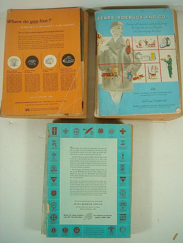 3 SEARS, ROEBUCK & CO CATALOGS, 1955, 56, 57, CATALOGS : 3 SEARS, ROEBUCK & CO CATALOGS, 1955, 56, 57, CATALOGS INTACT, COVERS TATTERED, OVERALL GOOD CONDITION