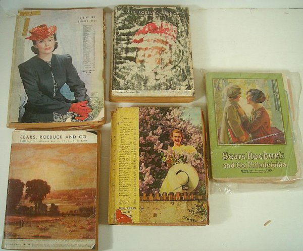 5 SEARS, ROEBUCK & CO CATALOGS INCLUDING SPRING & SUMME: 5 SEARS, ROEBUCK & CO CATALOGS INCLUDING SPRING & SUMMER 1940, FALL & WINTER 1944-45, SPRING & SUMMER 1938, SPRING & SUMMER 1944, AND SPRING & SUMMER 1926, COVERS WORN AND TATTERED, CATALOGS INTACT