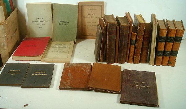 MIXED BOX EARLY QUAKER LEATHER BOOKS FROM ESTATE: MIXED BOX EARLY LEATHER BOOKS AND ALL PERTAING TO THE QUAKERS, INCLUDING HISTORY OF FRIENDS 1867, OTHER BOOKS PERTAINING TO DECEASED FRIENDS AND MEMORIALS, QUAKER AND RELATED, WITH SOME EARLY 1900'S F