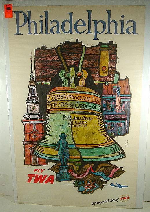 POSTER- FLY TWA, PHILADELPHIA, WITH LIBERTY BELL, ARTIS: POSTER- FLY TWA, PHILADELPHIA, WITH LIBERTY BELL, ARTIST IS DAVID KLEIN, SOME STAINS, MEASURES 25" X 40"