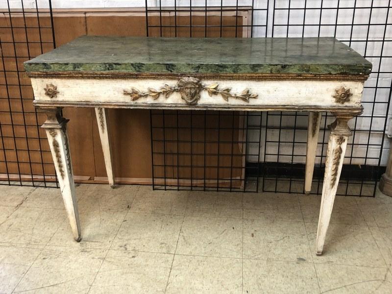 NEOCLASSICAL GRAIN PAINTED PIER TABLE, ITALIAN, CIRCA: NEOCLASSICAL GRAIN PAINTED PIER TABLE, ITALIAN, CIRCA 1800, PAINT LOSS AND WEAR TO FINISH, IN A WONDERFUL WAY, GREAT LOOKING TABLE, FROM COLUMBIA COUNTY, N.Y. ESTATE. MEASURES 49" X 24.5" X 34.75" HIG