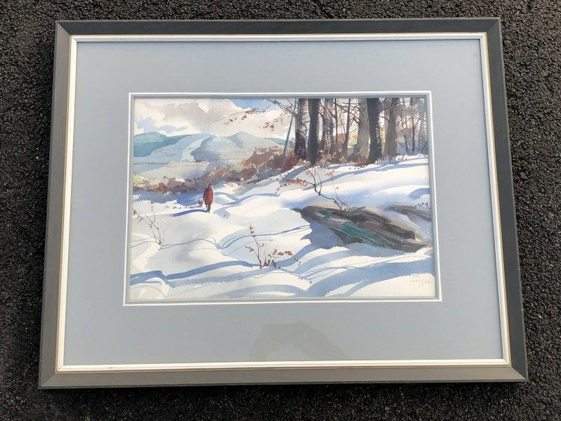 JOHN PIKE (1911-1979) WINTER LANDSCAPE WATERCOLOUR,: JOHN PIKE (1911-1979) WINTER LANDSCAPE WATERCOLOUR, FROM VERY NICE KINGSTON, NEW YORK ESTATE, SIGNED LOWER RIGHT JOHN PIKE//NA. NICELY FRAMED AND MATTED, PAINTING MEASURES 16" X 23", FRAME MEASURES 26