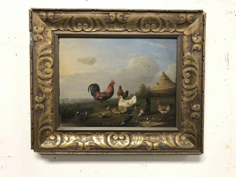 FRANZ VAN SEVERDONK (1809-1889 BELGIUM), O/B ROOSTER,: FRANZ VAN SEVERDONK (1809-1889 BELGIUM), O/B ROOSTER, CHICKENS, AND OTHER BIRDS, WITH HAYSTACK IN BACKGROUND. ON WOOD PANEL WHICH MEASURES 7.5" X 9 7/8". FROM WELL TO DO KINGSTON ESTATE, IN NICE GILT 