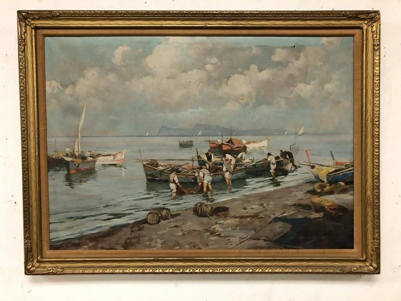 CIRCA 1900 O/C SEASCAPE, SIGNED ILLEGIBLY, FROM GOOD: CIRCA 1900 O/C SEASCAPE, SIGNED ILLEGIBLY, FROM GOOD ESTATE IN KINGSTON, NEW YORK, HAS SOME TEARS AS PICTURED, POSSIBLY SAYS NAPOLI UNDER SIGNATURE. PAINTING MEASURES 20" X 28>