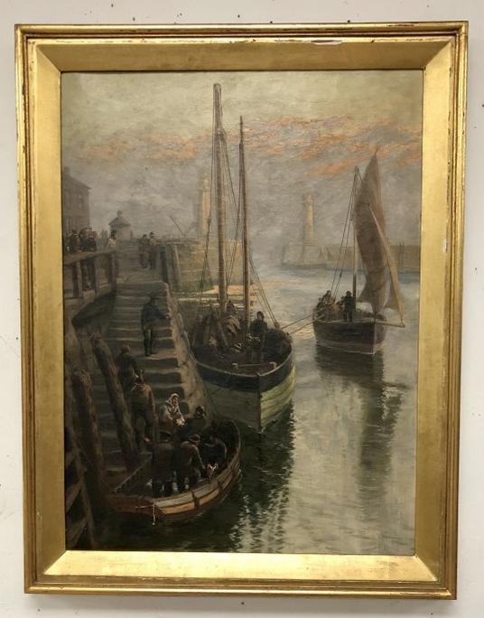 J R MILES 19TH C O/C TITLED "MORNING WHITTY HARBOUR,: J R MILES 19TH C O/C TITLED "MORNING WHITTY HARBOUR, SIGNED LOWER LEFT AND ON BACK. SMALL TEAR BOTTOM LEFT. FROM VERY NICE KINGSTON, N.Y. ESTATE, WHERE WE REMOVED VERY NICE GOODS. THE PAINTING MEASURE