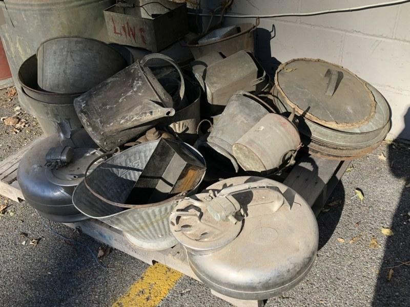 PALLET LOT OLD GALVINIZED PAILS, MILKING APPARATUS,: PALLET LOT OLD GALVINIZED PAILS, MILKING APPARATUS, ETC. AS FOUND BARN CONDITION, FROM BARN IN MARLBORO, N.Y.