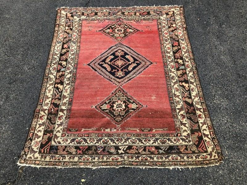 HANDMADE ORIENTAL SCATTER RUG, SOME LIGHT WEAR SPOTS,: HANDMADE ORIENTAL SCATTER RUG, SOME LIGHT WEAR SPOTS, MEASURES 64 1/2" X 53 1/2", FROM COLUMBIA COUNTY ESTATE