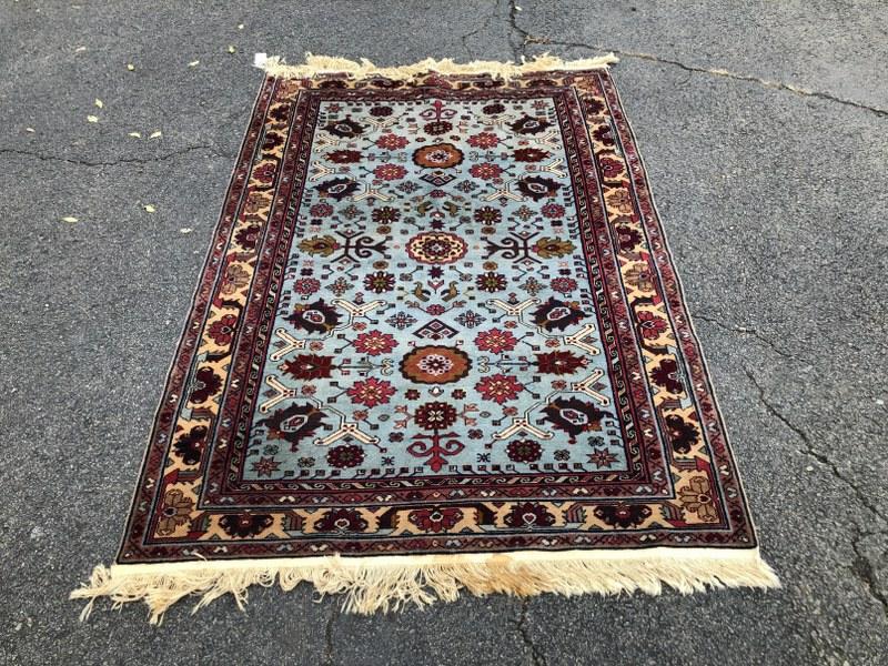 HANDMADE ORIENTAL SCATTER RUG FROM KINGSTON ESTATE,: HANDMADE ORIENTAL SCATTER RUG FROM KINGSTON ESTATE, FINE WEAVING, STAIN ON FRINGE, MEASURES 78" X 51 1/2"