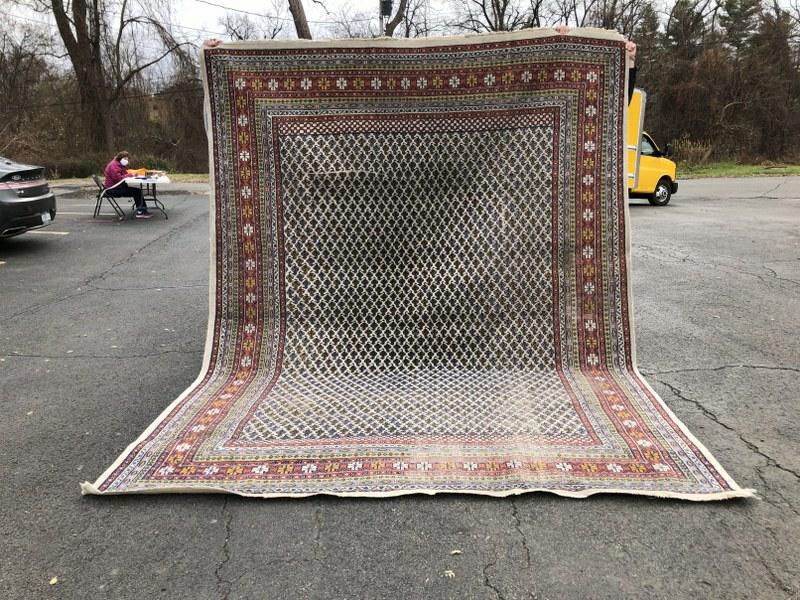 HANDMADE ORIENTAL RUG WITH TRAFFIC WEAR IN SOME SPOTS,: HANDMADE ORIENTAL RUG WITH TRAFFIC WEAR IN SOME SPOTS, FEW LIGHT STAINS ON BORDER, FROM DUTCHESS COUNTY ESTATE, MEASURES 147" X 109"
