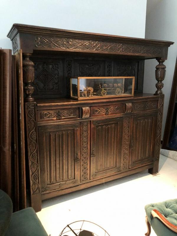 18TH CENTURY (?) FRENCH ORNATELY CARVED SIDEBOARD,: 18TH CENTURY (?) FRENCH ORNATELY CARVED SIDEBOARD, CARVED FROM TOP TO BOTTOM, HAS 3 DRAWERS OVER 2 DOORS, SHELVES UNDERNEATH, PURCHASED IN FRANCE AND BROUGHT OVER BY CONSIGNOR YEARS AGO, GOOD DEEP FIN