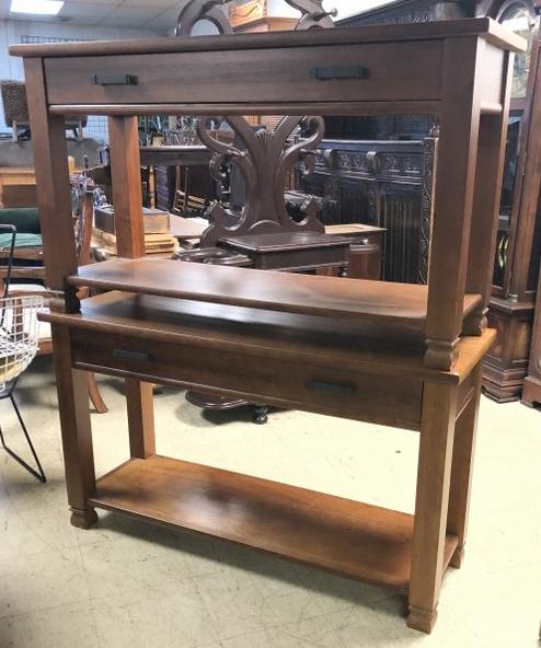 PAIR OF CONTEMPORARY MAHOGANY 1 DRAWER CONSOLE TABLES,: PAIR OF CONTEMPORARY MAHOGANY 1 DRAWER CONSOLE TABLES, MEASURE 52" X 18" X 30" HIGH, GOOD OVERALL CONDITION