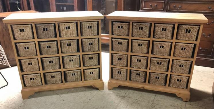 PAIR OF PINE AND BUTCHER BLOCK TOP OPEN CABINETS W/16: PAIR OF PINE AND BUTCHER BLOCK TOP OPEN CABINETS W/16 WICKER BASKETS THAT HELD YARN, EACH CABINET MEASURES 32" HIGH, 35" WIDE, 14" DEEP, BOTH IN VERY NICE CONDITION