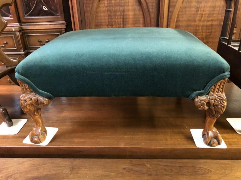 GREEN UPHOLSTERED CLAW FOOT FOOTSTOOL, VERY CLEAN: GREEN UPHOLSTERED CLAW FOOT FOOTSTOOL, VERY CLEAN ESTATE CONDITION, MEASURES 22 1/2" X 16" X 11" HIGH