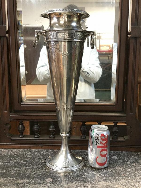 GORHAM MAGNIFICENT STERLING TRUMPET VASE, STANDS 18.25": GORHAM MAGNIFICENT STERLING TRUMPET VASE, STANDS 18.25" HIGH, WEIGHS 34.80 TROY OUNCES, HAS MONOGRAMMED "W" ON FRONT, WONDERFUL ESTATE CONDITION, FROM KINGSTON ESTATE, WHERE WE GOT 7 INCREDIBLE PIECES