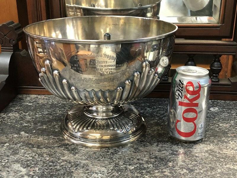 LARGE 1895 STERLING COMMODORE'S YACHTING TROPHY: LARGE 1895 STERLING COMMODORE'S YACHTING TROPHY (FOR 2 1/2 RATERS, TO BE WON TWICE IN SUCCESSION OR THREE TIMES TIMES AT INTERVALS, PRESENTED TO A.Y.C. BY J L R BLOOMFIELD 1895. ) - WINNERS ENGRAVED O