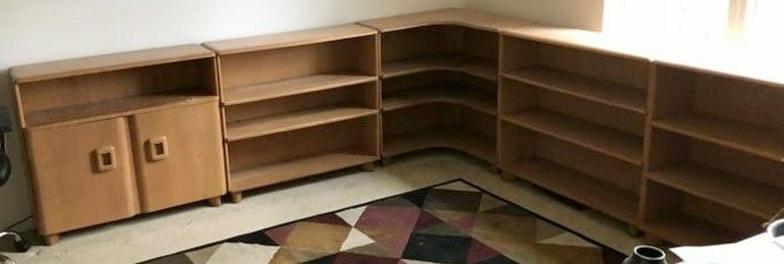 HEYWOOD WAKEFIELD 5 PCS. WALL UNIT BOOKCASE AND: HEYWOOD WAKEFIELD 5 PCS. WALL UNIT BOOKCASE AND CABINET, HARD TO FIND, CLEAN ESTATE CONDITION, FROM ALBANY, N.Y. ESTATE. HAS CORNER UNIT, AND CABINET WITH 2 DOORS, YOU CAN USE ANY CONFIGURATION, CHAMP