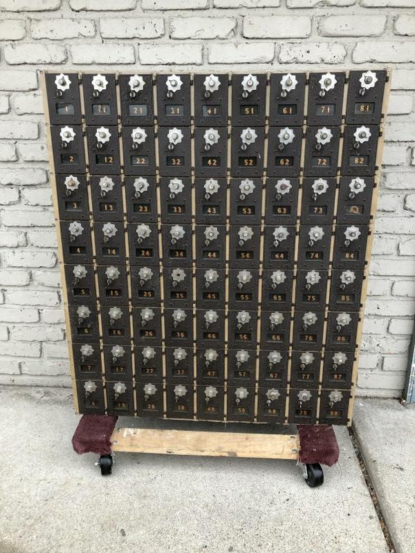 72 OLD POST OFFICE MAILBOX UNIT, FROM ARKVILLE, N.Y.: 72 OLD POST OFFICE MAILBOX UNIT, FROM ARKVILLE, N.Y. POST OFFICE, MEASURES 39.5" X 34" WIDE X 13" DEEP. VERY GOOD CONDITION.