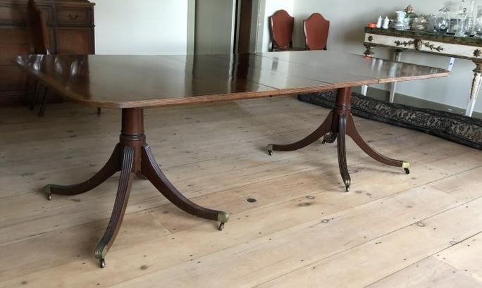 REGENCY STYLE MAHOGANY TWO PEDESTAL DINING TABLE,: REGENCY STYLE MAHOGANY TWO PEDESTAL DINING TABLE, ENGLISH TASTE, INLAID, WITH 2 13.5" LEAVES, NICE CLEAN ESTATE CONDITION, FROM COLUMBIA COUNTY ESTATE. TABLE MEASURES 28" HIGH X 44" WIDE X 92" WITH TH