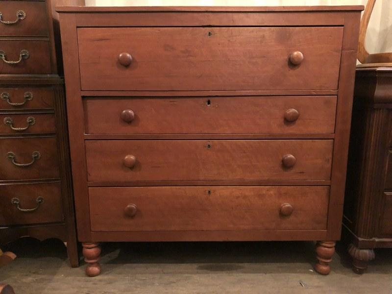 CIRCA 1890 CHERRY 4 DRAWER COUNTRY CHEST OF DRAWERS,: CIRCA 1890 CHERRY 4 DRAWER COUNTRY CHEST OF DRAWERS, CLEAN, FROM KINGSTON HOME, DRAWERS HAVE BEEN RE WORKED AND SUPPORTS ADDED, SOLID STRUCTURALLY, GOOD LOOKING, MEASURES 45" HIGH X 21" DEEP X 46" WID