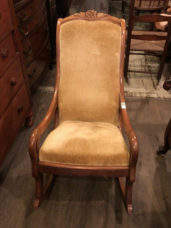 LADIES CIRCA 1890'S LADIES ROCKER, CLEAN, CARVED FRUIT: LADIES CIRCA 1890'S LADIES ROCKER, CLEAN, CARVED FRUIT ON TOP. FROM DUTCHESS COUNTY ESTATE.