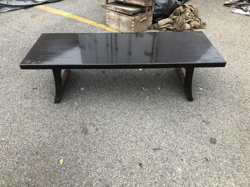 ASIAN BLACK LACQUER OLDER COFFEE TABLE FROM LOCAL: ASIAN BLACK LACQUER OLDER COFFEE TABLE FROM LOCAL ESTATE, MEASURES 58" X 22" X 15.5" HIGH, SOME BLACK LACQUER CHIPPING OFF, GREAT FORM.