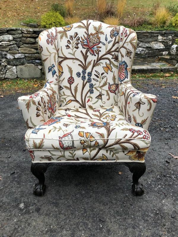 GEORGE II STYLE CARVED MAHOGANY WING CHAIR, ENGISH: GEORGE II STYLE CARVED MAHOGANY WING CHAIR, ENGISH TAST, WITH OLD NEEDLEWORK UPHOLSTERY. 19TH /20TH C. MEASURES 44" HIGH, NICE OVERALL ESTATE CONDITION, FROM COLUMBIA COUNTY ESTATE.